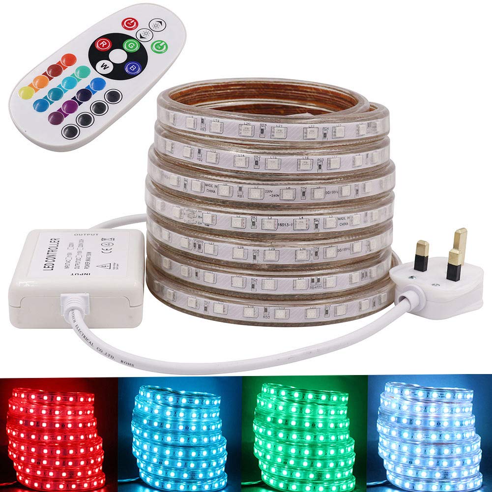 GQL 1m AC 220V RGB LED Strip Lights with Remote Controller, Multi Color Changing 5050 SMD Rope Light Waterproof for Indoor Outside Decoration- 60 LEDs/m