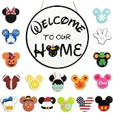 SUPYFD 19Pcs Cute Mouse Interchangeable Seasonal Welcome Door Sign for Front Door Decor, Welcome to Our Home Sign with Interchangeable Holiday Pieces for Farmhouse/Wall/Porch Decor and Housewarming