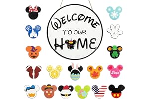 SUPYFD 19Pcs Cute Mouse Interchangeable Seasonal Welcome Door Sign for Front Door Decor, Welcome to Our Home Sign with Interchangeable Holiday Pieces for Farmhouse/Wall/Porch Decor and Housewarming