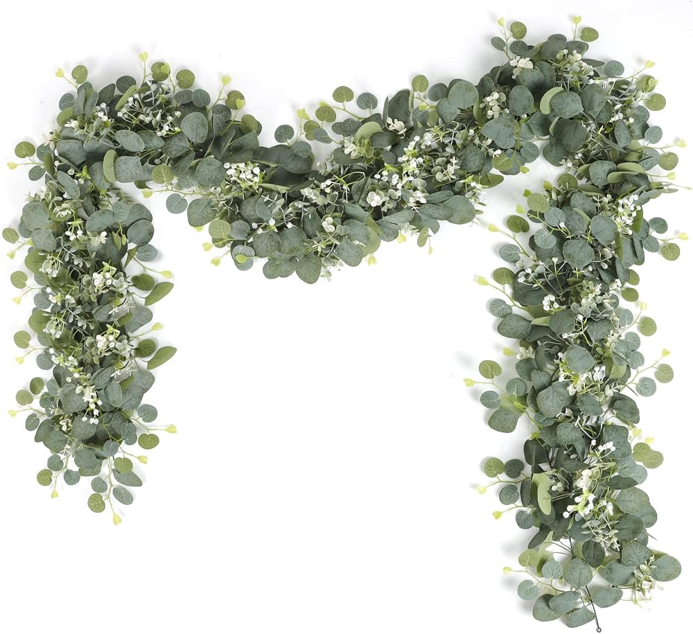 LOMOHOO 2 Pack Artificial Eucalyptus Garland 5.9 Ft White Flower Table Runner