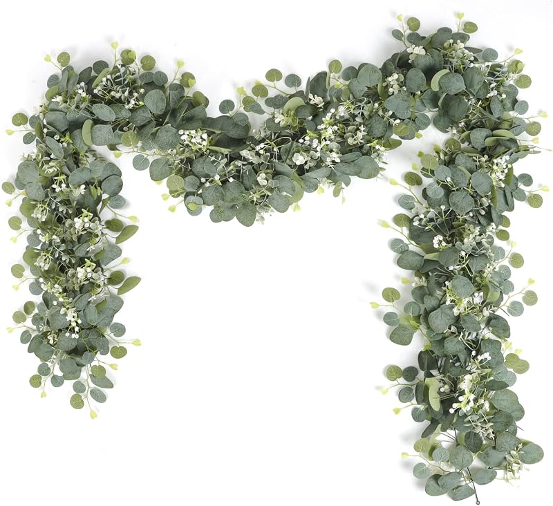 LOMOHOO 2 Pack Artificial Eucalyptus Garland 5.9 Ft White Flower Table Runner