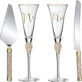 Boao 4 Piece Wedding Champagne Flutes and Cake Knife Server Set Crystal Mr and Mrs Toasting Flutes Rhinestone Cake Cutting Set for Bride and Groom Wedding Engagement Bridal Shower Gifts(Gold)