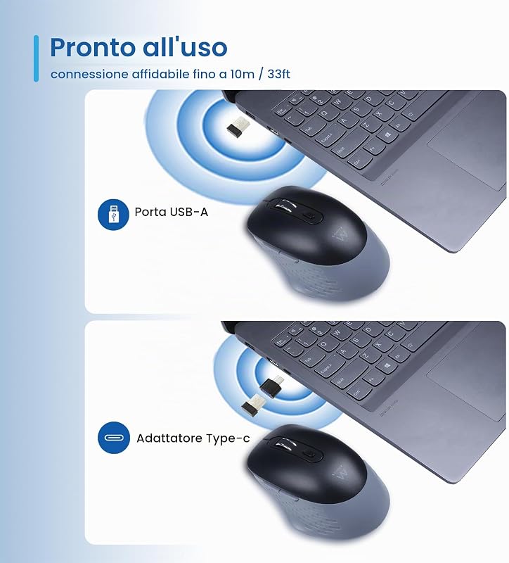 Mouse Wireless 2.4GHz con Tasti Silenziosi e Adattatore USB-C – EW3204