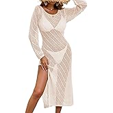 BreathSunny Womens Crochet Knit Long Sleeve Hollow Out Cover Up Dress Summer 2025 Bathing Suit Coverups Dress