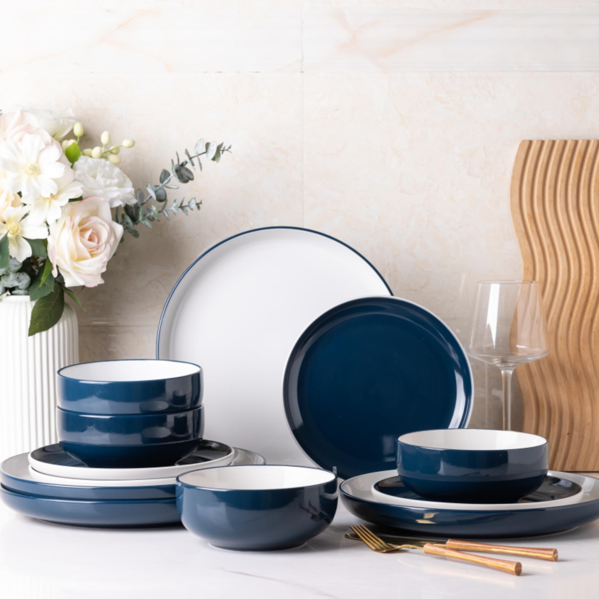 Photo 1 of *PINK NOT BLUE** GBHOME 12 Pieces Ceramic Dinnerware Set, Modern White Dish Set for 4?Scratch Resistant Smooth Plates and Bowls Sets?Oven Safe?Microwave & Dishwasher