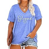 Plus Size Blessed Shirts Women V Neck T Shirts Short Sleeve Tshirts Summer Tops