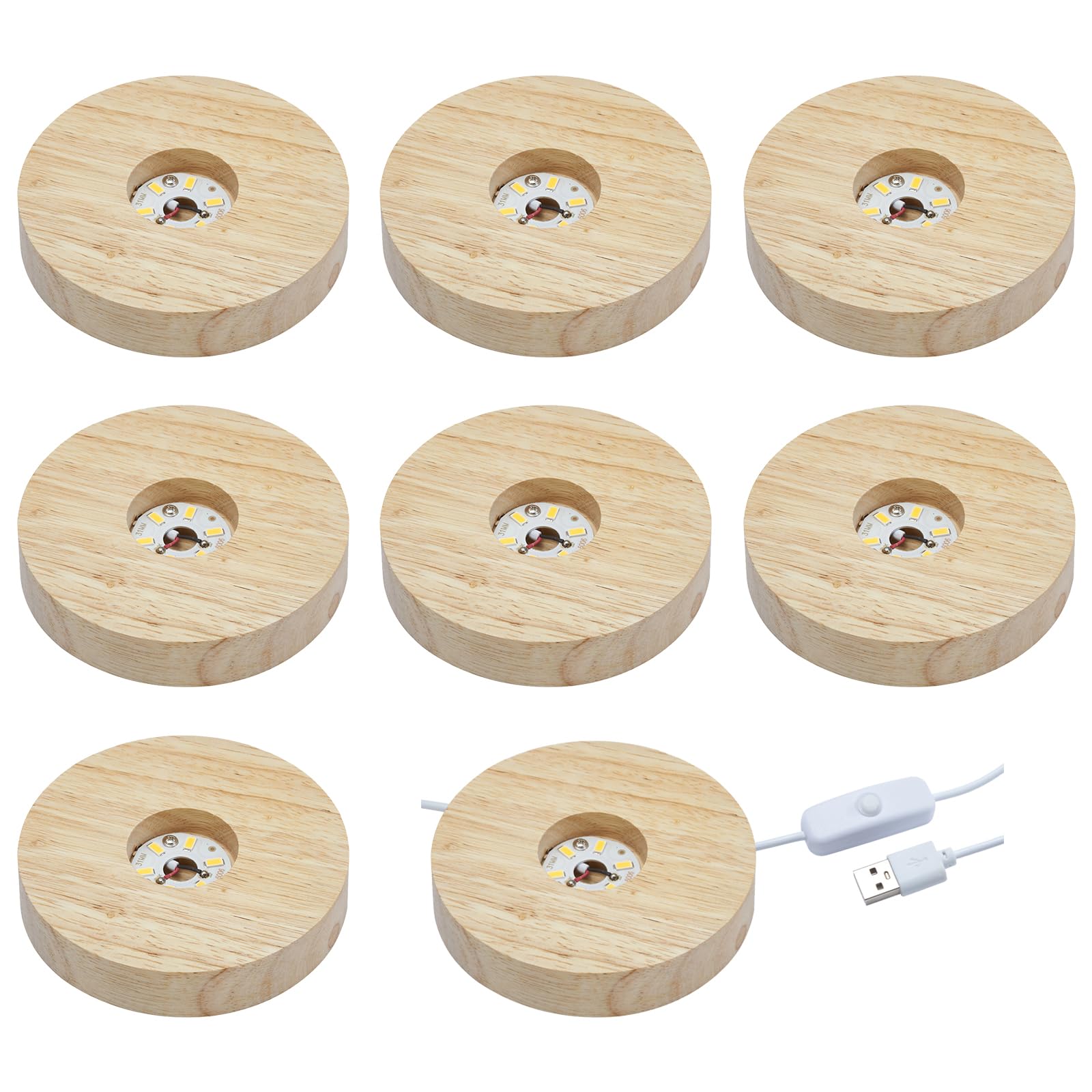 NEWCOMDIGI 8PCS Wooden LED Lights Display Base Round Desktop Display Base Stand Ornament for Crystal Ball Jewelry Glass Resin Art Vase Acrylic Powered by USB-Warm White Light Color