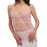 Women See Through Sparkly Tank Top Floral Sequin Camisole Dance Clubbing Rave Outfits Festival Wear