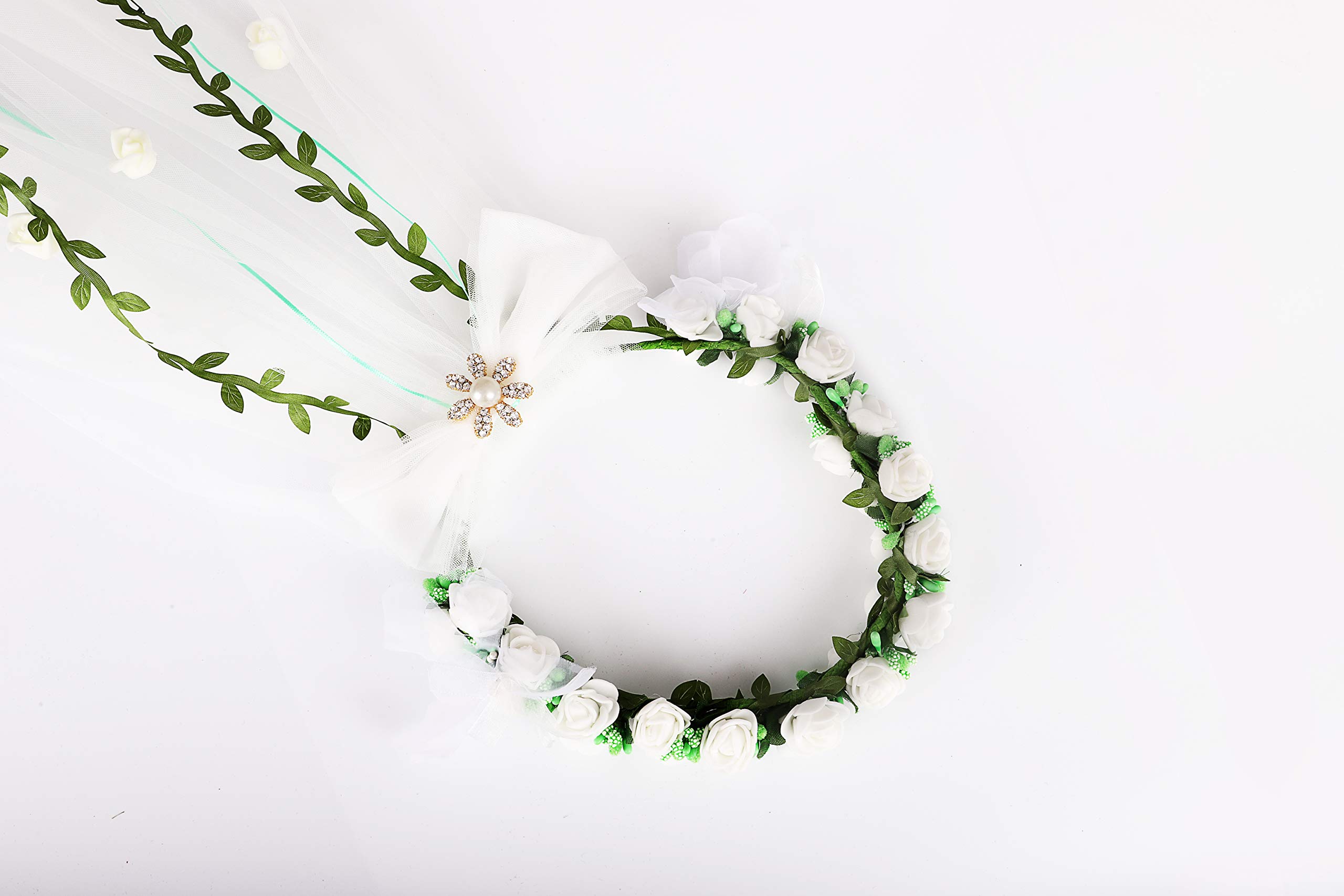 Flower Crown White Girls Headpiece,Women\'s Flower Festival Wedding - Headband Flower Crown Hair Wreath Halo With Adjustable Ribbon