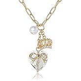 Juicy Couture Bow Wrap Puffy Heart Cluster Necklace for Women 18"+2", Heart Necklace with Crystals, Mother's Day Gifts for Her