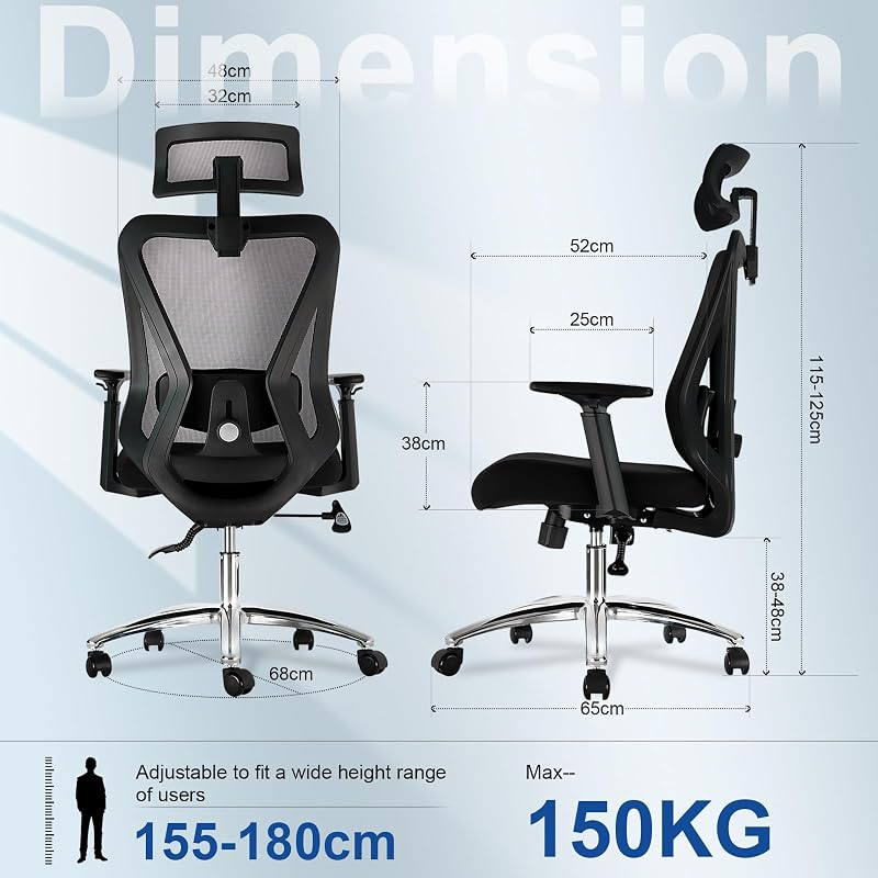 Chaise de bureau ergonomique avec verrouillage d'inclinaison à trois niveaux, chaise pivotante avec appui-tête réglable, accoudoirs et soutien lombaire, chaise de bureau 150 kg