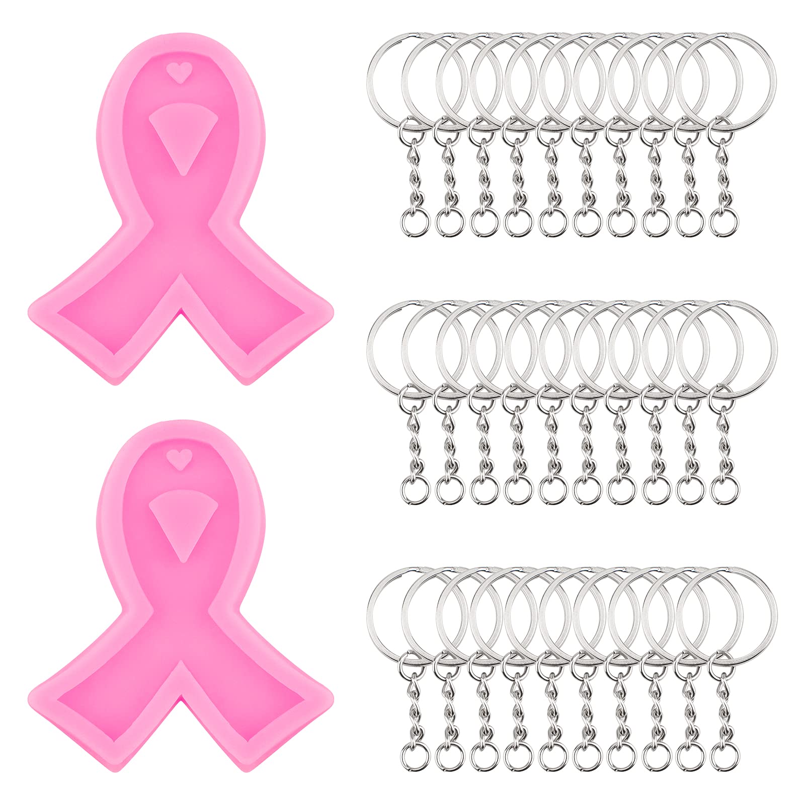 WANDIC Awareness Ribbon Mold, Set Of 2 Pink Ribbon Keychain Molds With 30 Pcs Key Rings Breast Cancer Awareness Pendant Mold For DIY Necklace Pendant, Earrings, Clay Crafts Activities