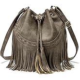 Leather Bucket Bags for Women Crossbody Fringe Purses with Drawstring Ladies Tassel Hobo and Shoulder Handbags