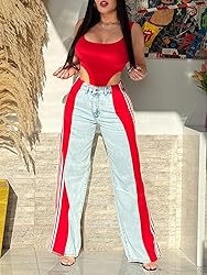 Angsuttc Womens Jeans with Patchwork Stripes High