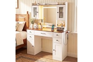 CHARMAID Vanity Desk with Lighted Mirror & Charging Station, Farmhouse Makeup Vanity Table with 6 Drawers, Fluted Door Cabine