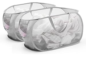 TECHMILLY Mesh Pop Up Laundry Basket with Strong Handles, Large Opening Collapsible Clothes Hampers, Portable & Easy for Use (2 Pack, Grey)