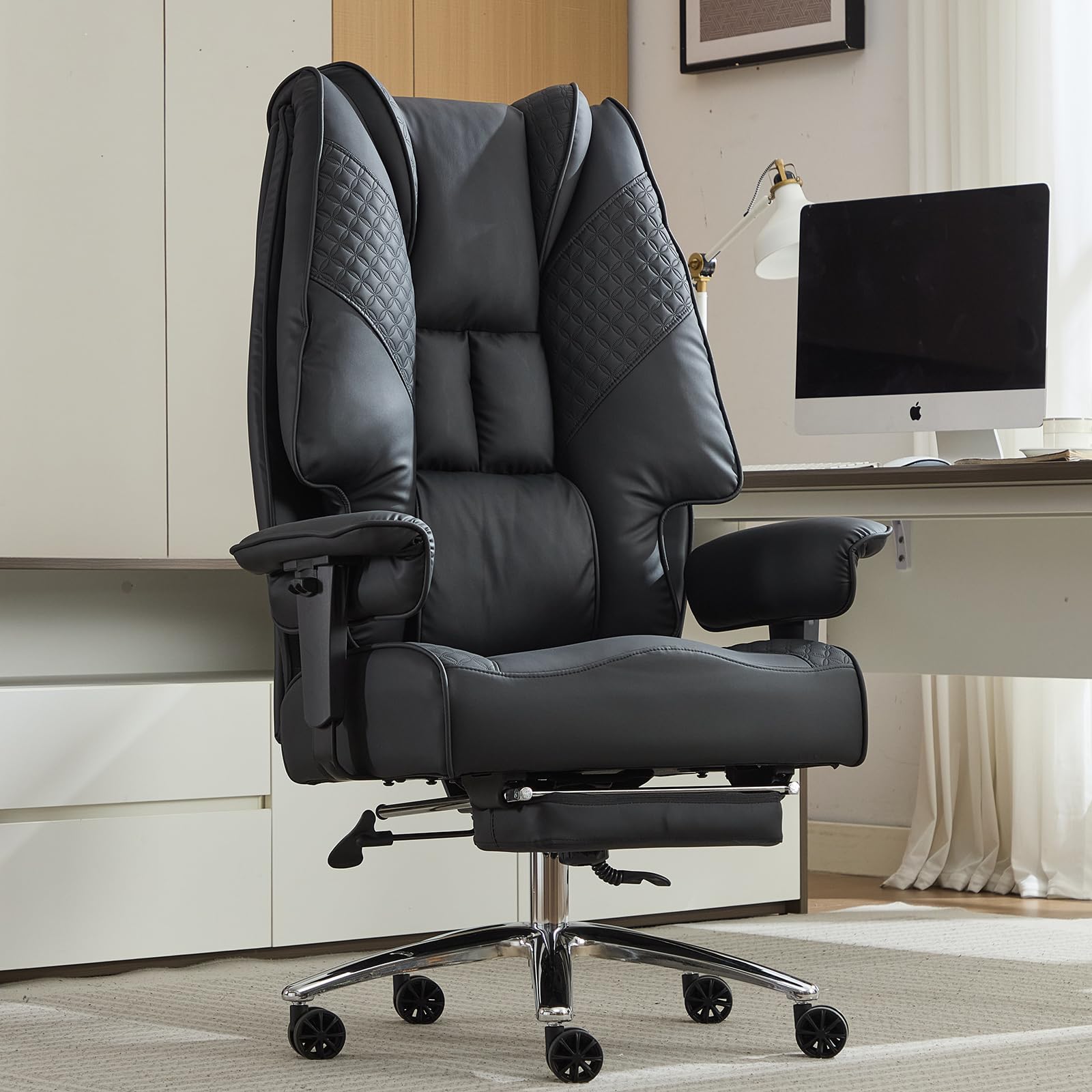 EXCEBET Silla de oficina grande y alta, asiento de 400 libras de ancho, silla de oficina ejecutiva de respaldo alto de cuero con reposapiés, sillas ergonómicas, soporte lumbar para aliviar el dolor de espalda baja (negro)