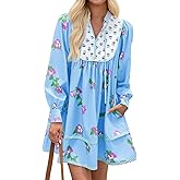 Wenrine Womens Casual Floral Mini Dress 2025 Fall Long Sleeve V Neck Patchwork Loose Boho Shirt Dresses