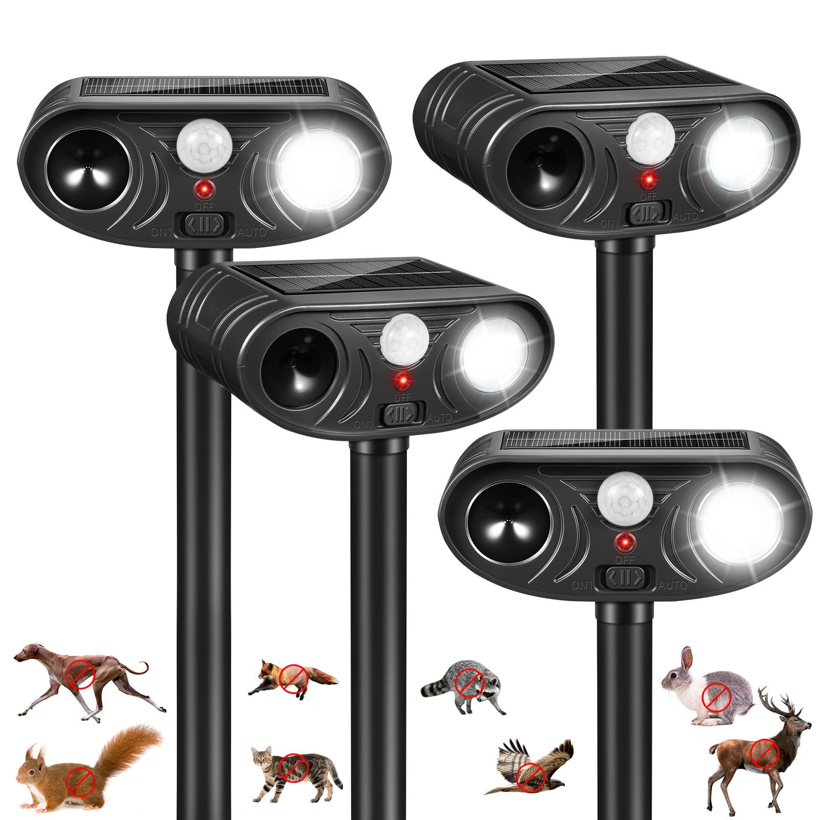 Photo 1 of 2026 Upgraded Solar Ultrasonic Animal Repellent Deer Cat Squirrel Deterrent Devices Motion Activated with LED Strobe Light Repeller Keep Dog Raccoon Skunk Rabbit Away from Yard Garden Farm 4 Pack
