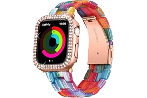 BINLUN Resin Watch Bands with Case Compatible with Apple Watch Band 40mm 41mm 44mm 45mm Women Men Watch Strap with Glitter Bling Protective Cover Wristband for iWatch Series 9 8 7 SE SE2 6 5 4, Rainbow 41mm