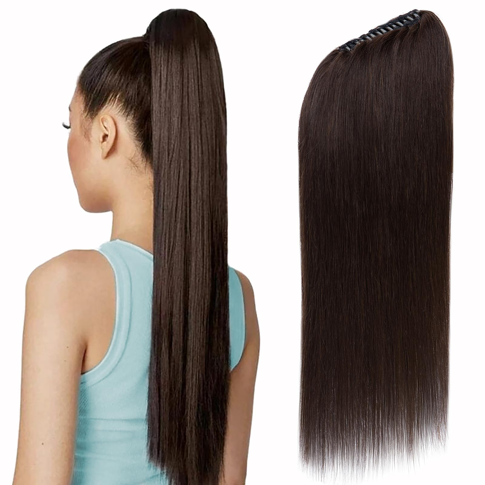 SEGOHAIR Claw Clip Ponytail Hair Extensions Human Hair, 14 Inch Ponytail Extension Natural Real Hair Straight Remy Hair Picecs-Darkest Brown(115g） — image 1