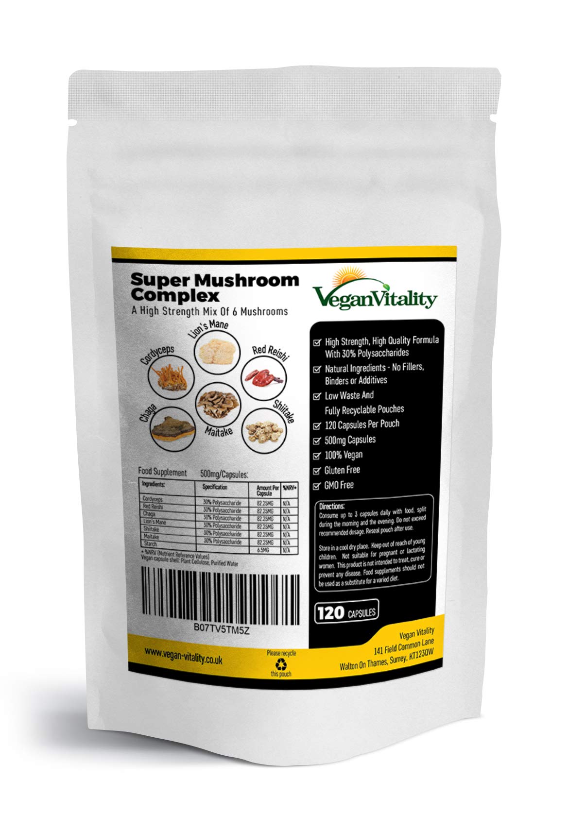 Super Mushroom Complex. High Strength Formula of 6 Mushrooms - Lions Mane, Reishi, Chaga, Shitake, Cordyceps & Maitake. 120 Capsules. 500mg Per Capsule.