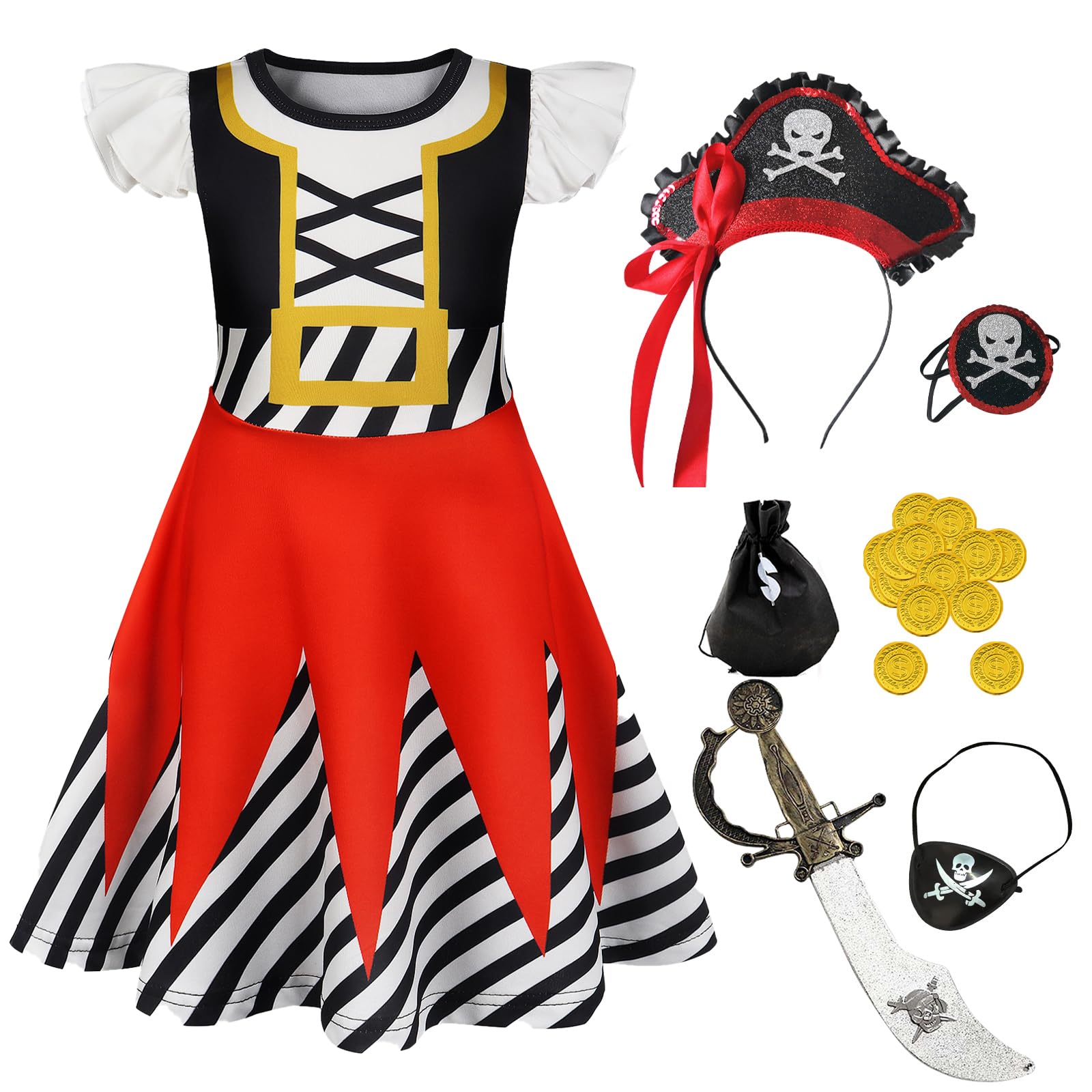 Berich Girls Pirate Costume Kids Dress Up with Accessories Hat Eye Patch Headband Halloween Costume World Book Day Outfit Therm Party Role Play Outfit Pirate Dress Up 5-6 Years, Size 130, Red