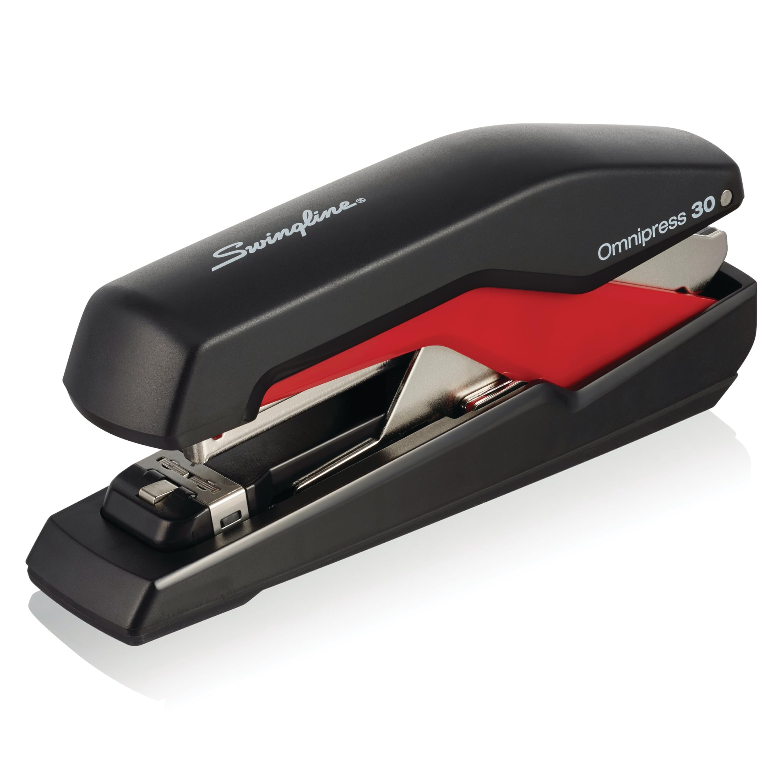 Swingline Stapler, Omnipress 30 Stapler, Press Anywhere for Easier Use", 30 Sheet Capacity, Black/Red (5000586A)