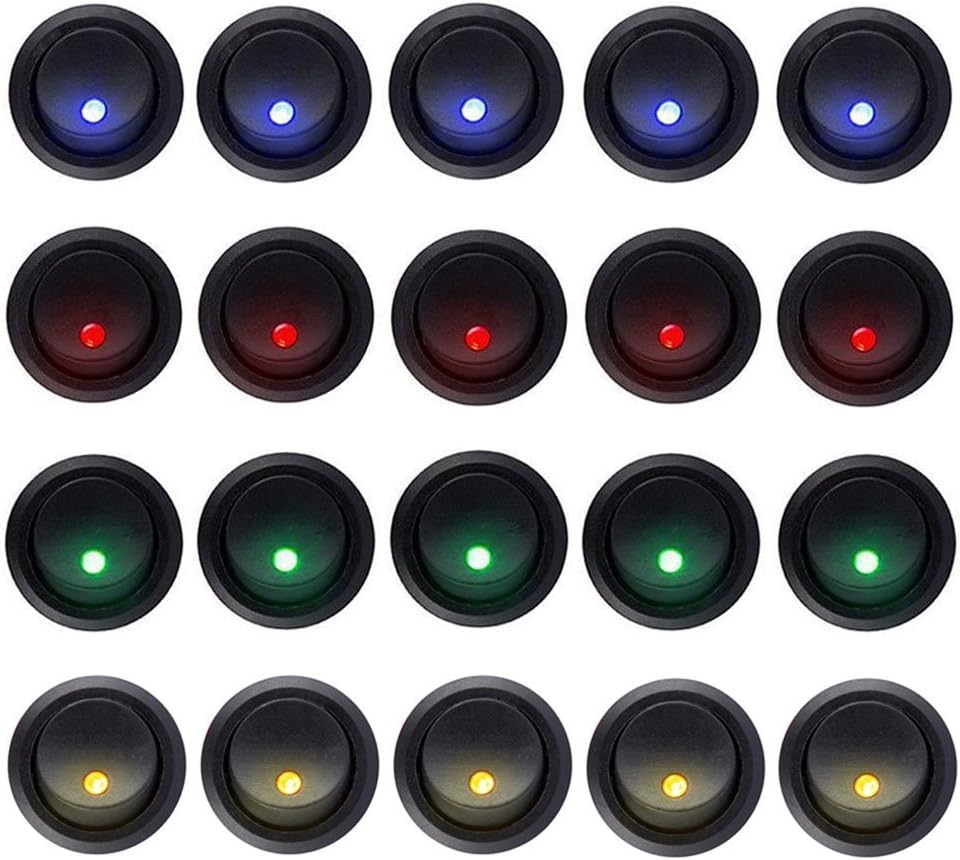 Carviya 20pcs 5Blue+5Red+5Green+5Orange Rocker Dot LED Light Round Toggle Switch Spst On-Off Control for Car,Truck, Race Cars