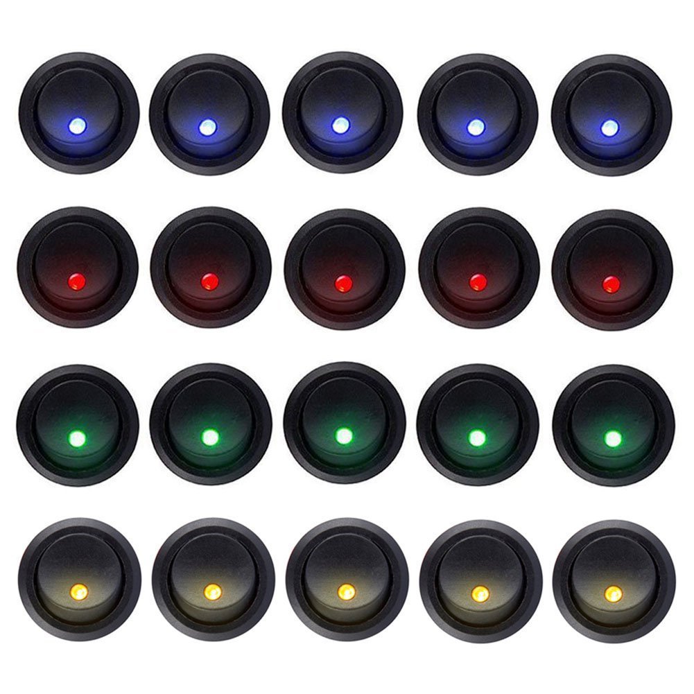 Carviya 20pcs 5Blue+5Red+5Green+5Orange Rocker Dot LED Light Round Toggle Switch Spst On-Off Control for Car,Truck, Race Cars, RV's, Marine, Heavy Duty Trucks, Off Road Vehicles, ATV's