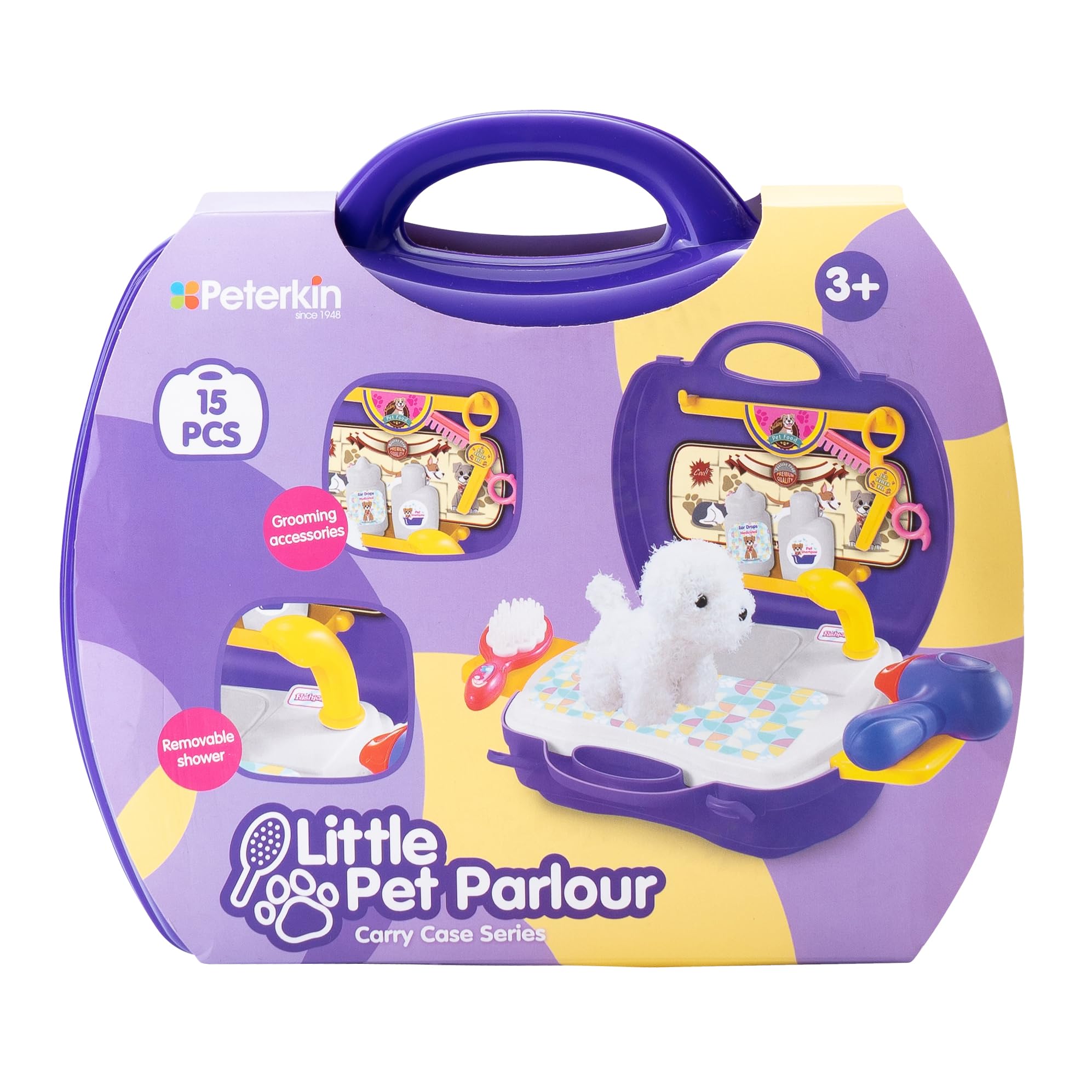 PETERKIN | Little Pet Parlour Carry Case Toy | 15 piece, brightly coloured, plastic pet grooming salon set in a sturdy 24 cm carry case | Roleplay Toys | Ages 3+, Purple