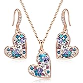 EVEVIC Austrian Crystals Heart Pendant Necklace Earrings Set for Women 14K Rose Gold Plated Drop Earrings Hypoallergenic Jewelry Set Gift for Birthday Anniversary Wedding