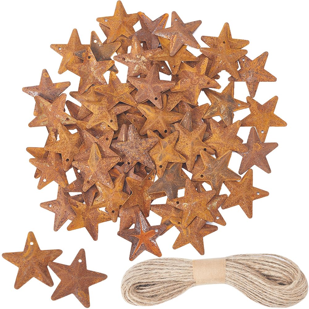 GORGECRAFT 70PCS 25.4mm Vintage Rusty Mini Metal Barn Star Contain A Jute Rope Antique Primitives Small Tin Steel Stars with Holes for Patriotic 4th of July Farmhouse Holiday Handmade
