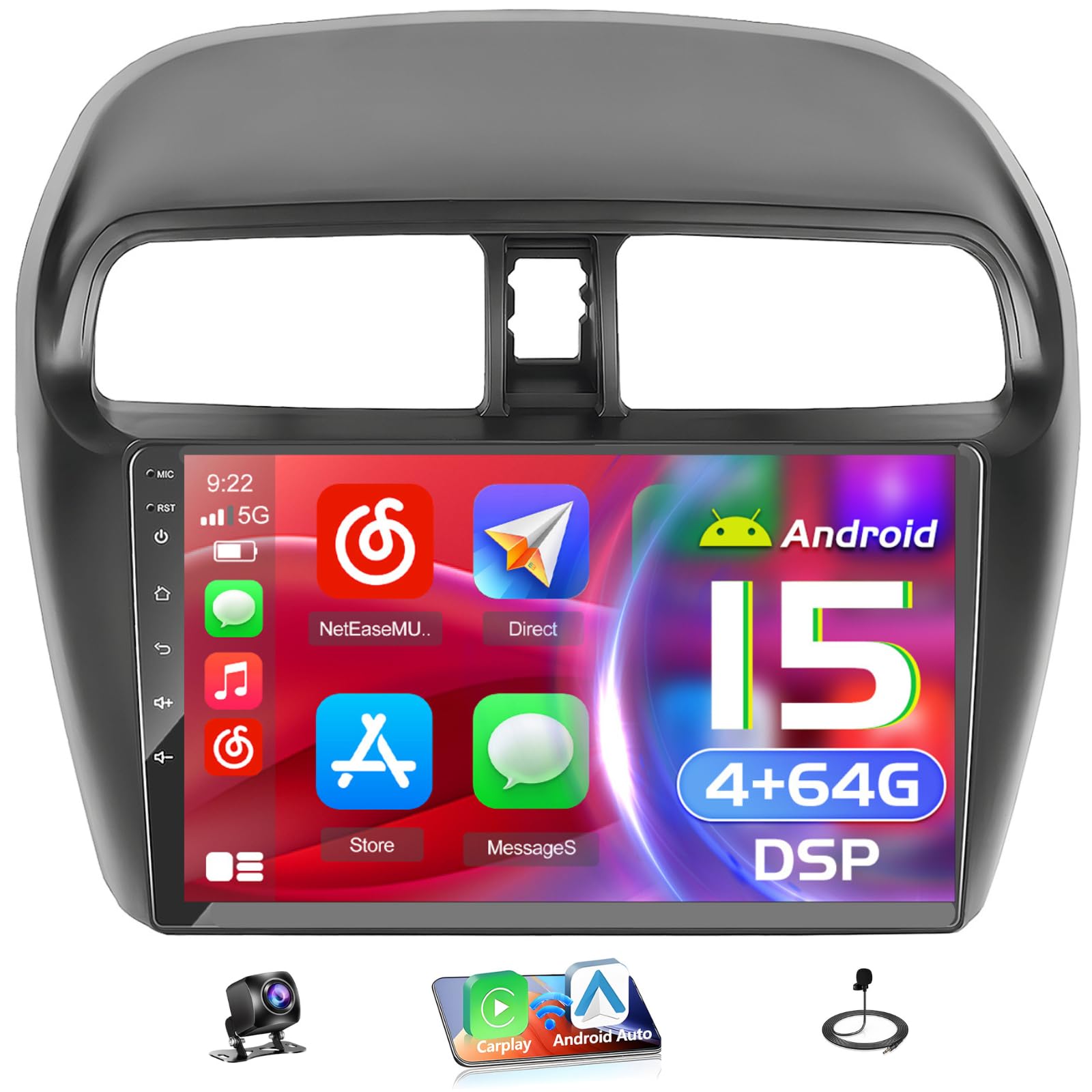 Photo 1 of [4+64G] Hikity Android 15 Car Stereo for Mitsubishi Mirage 2012-2022, 9'' IPS Touch Screen Radio Wireless Carplay Android Auto Bluetooth Mirror Link GPS 5G WiFi SWC AI DSP/FM/RDS/32EQ Backup Cam+Mic