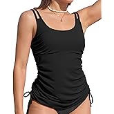 ANFILIA Women's Tankini Top Tie-Side Drawstrings Bathing Suit Top Ribbed Fabric Tummy Control Sporty Swimsuit Top