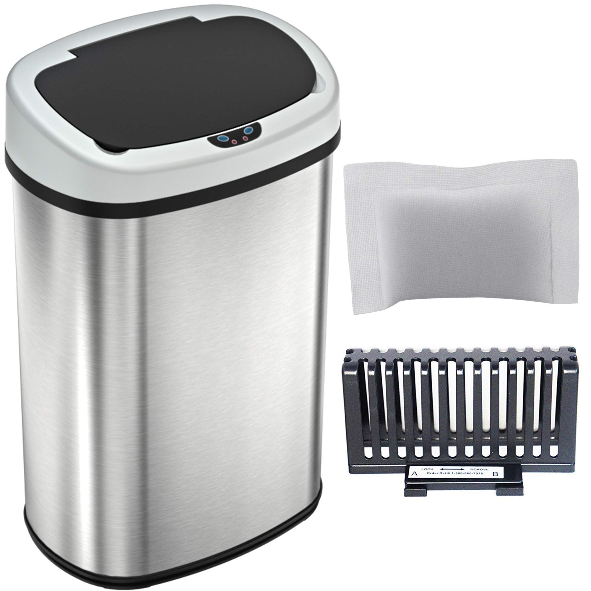 13 Gallon Automatic Touchless Sensor Kitchen Trash Can with Odor Filter Kit, Oval Shape, Stainless Steel Garbage Bin