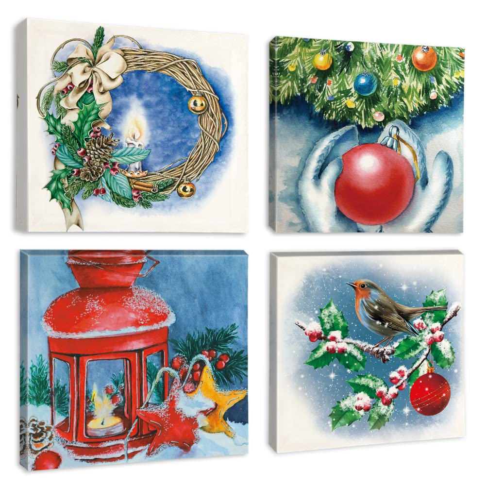 Artscope 4 Pieces Christmas Wall Art Canvas Prints - Christmas Decoration Picture Painting - Modern Wall Artwork Framed for Gifts Bathroom Home Kitchen Office Christmas Decor - 30 x 30 CM