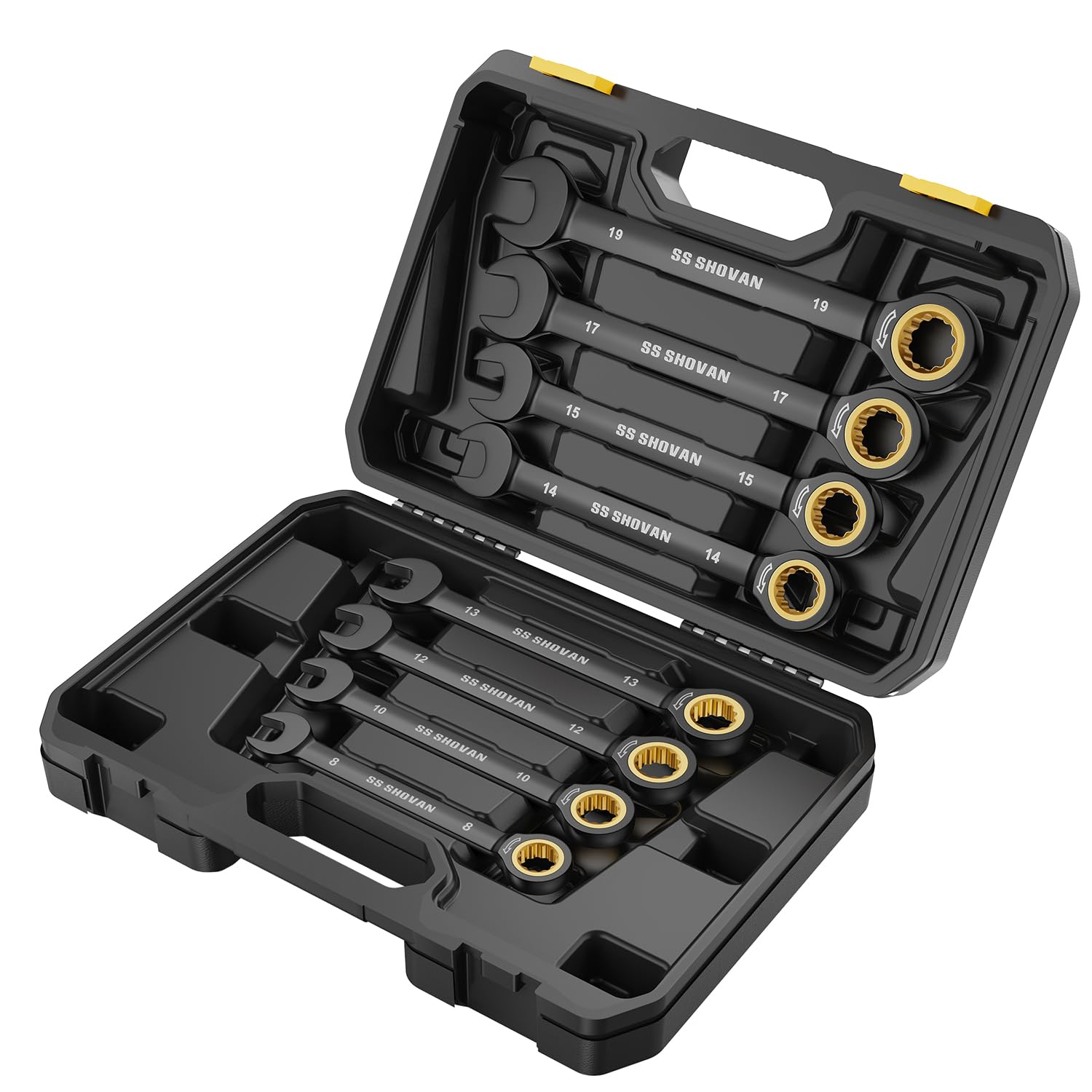 ss shovan 8TLG Ratschenschlüssel Set 8-19 mm, Ringmaulschlüssel Maulschlüssel Set mit 72 Zähne, Cr-V mit Aufbewahrungsbox, Metrisch Größe 8, 10, 12, 13, 14, 15, 17, 19mm 8