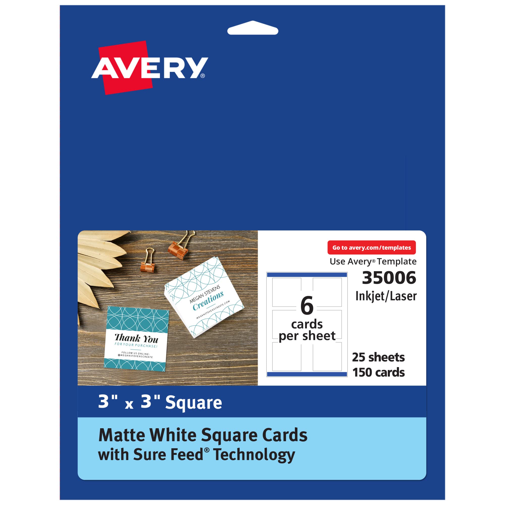 Photo 1 of Avery Square Cards, Sure Feed Technology, 3" x 3", Matte White, 150 Square Cards Total, Print-to-The-Edge, Laser/Inkjet Printable (35006)