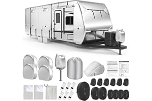 DenForste Oxford RV Cover,22-24 Ft Travel Trailer 420D Oxford Cloth,Tearproof Waterproof Windproof Camper Cover with Tongue Jack Cover,4 Tire Covers,6 Gutter Covers,3 Zippered Doors