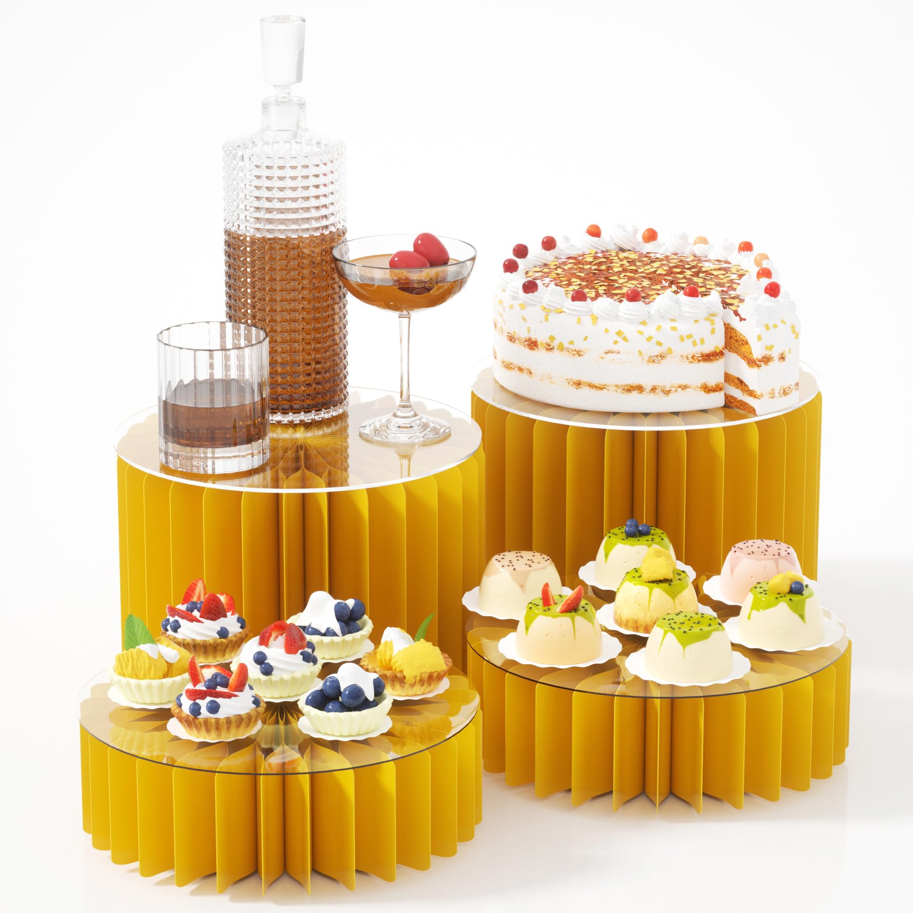 Photo 1 of HeiMma 4 Pack Buffet Risers, Foldable Food Display Risers with Acrylic Disc, Dessert Table Display Set, Cardboard Paper Cupcake Cake Stand for Party Cylinder Stands for Parties Drink Collectibles Jewelry Figures, Yellow