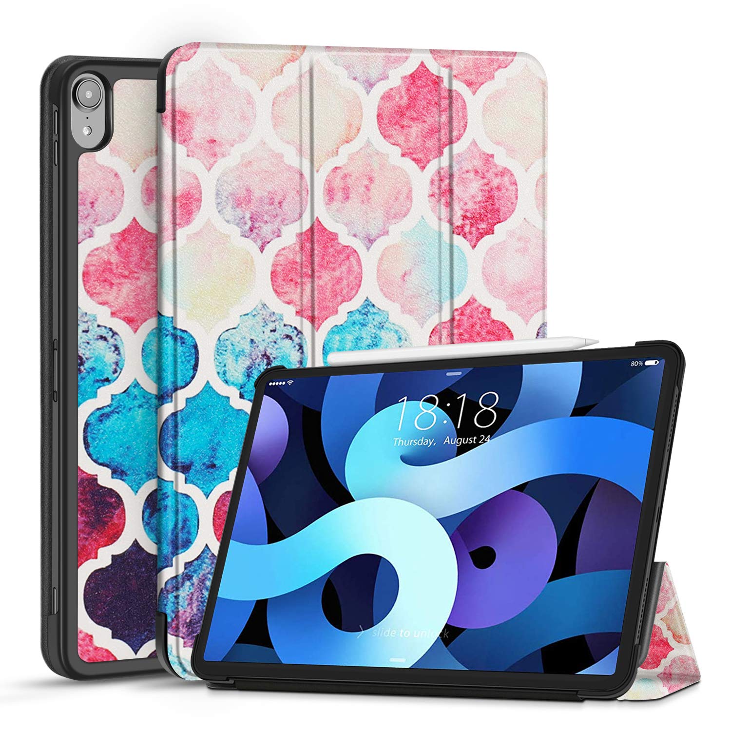 TNP iPad Air 4 Case - 10.9 Inch Slim Lightweight Protective Cover for 4th Generation 2020 With Auto Sleep/Wake Function, PU Leather, Moroccan Pastel