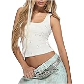 SHENHE Women's Ribbed Rhinestone Tank Top Square Neck Slim Fit Boho Summer Dressy Crop Top