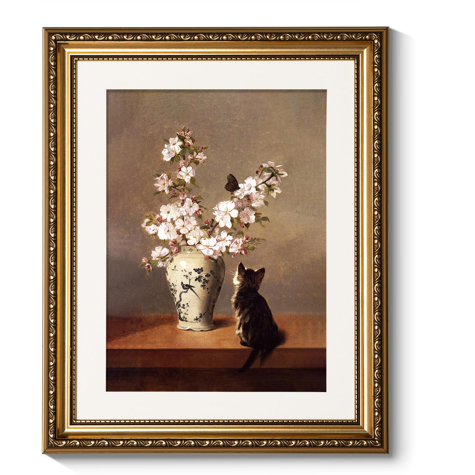 Photo 1 of ARPEOTCY Gold Framed Floral Wall Art, Living Room Bedroom Cat Butterfly Pictures Wall Decor, Farmhouse Retro Decor, Canvas Prints, Antique Picture Frame Vintage Rustic Paintings,13x16 Inch
