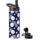 18oz Insulated Water Bottle with Straw Lid & Spout Lid, Baseball, Gift for Kids Boys to School Sports Travel Fitness Hiking Outdoors, Double Wall 18/8 Stainless Steel, Hands Wash Only, Blue
