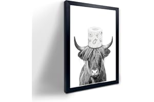 YONGART Black Framed Bathroom Decor,Funny Highland Cow Wall Art in Bathtub, Black and White Canvas Cow In Bathroom Picture, Humor Animals Bathroom Artwork Prints, Bedroom, Kids Bathroom Decor