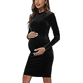 JINDIIM Long Sleeve Velvet Turtleneck Maternity Bodycon Dress, Fall Pregnancy Dress for Casual Wear, Baby Shower, Photoshoot
