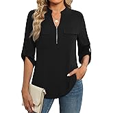 Funlingo Women's 3/4 Length Sleeve Tops Business Casual Blouses Zip Front V Neck Work Shirts Loose Fit Tunic Tops 2026