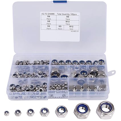 Kontermutter Set,Hakkin,165 teilig 304 Edelstahl selbstsichernd Kontermutter Nylon Sechskantmutter Muttern Sortiment Schraube
