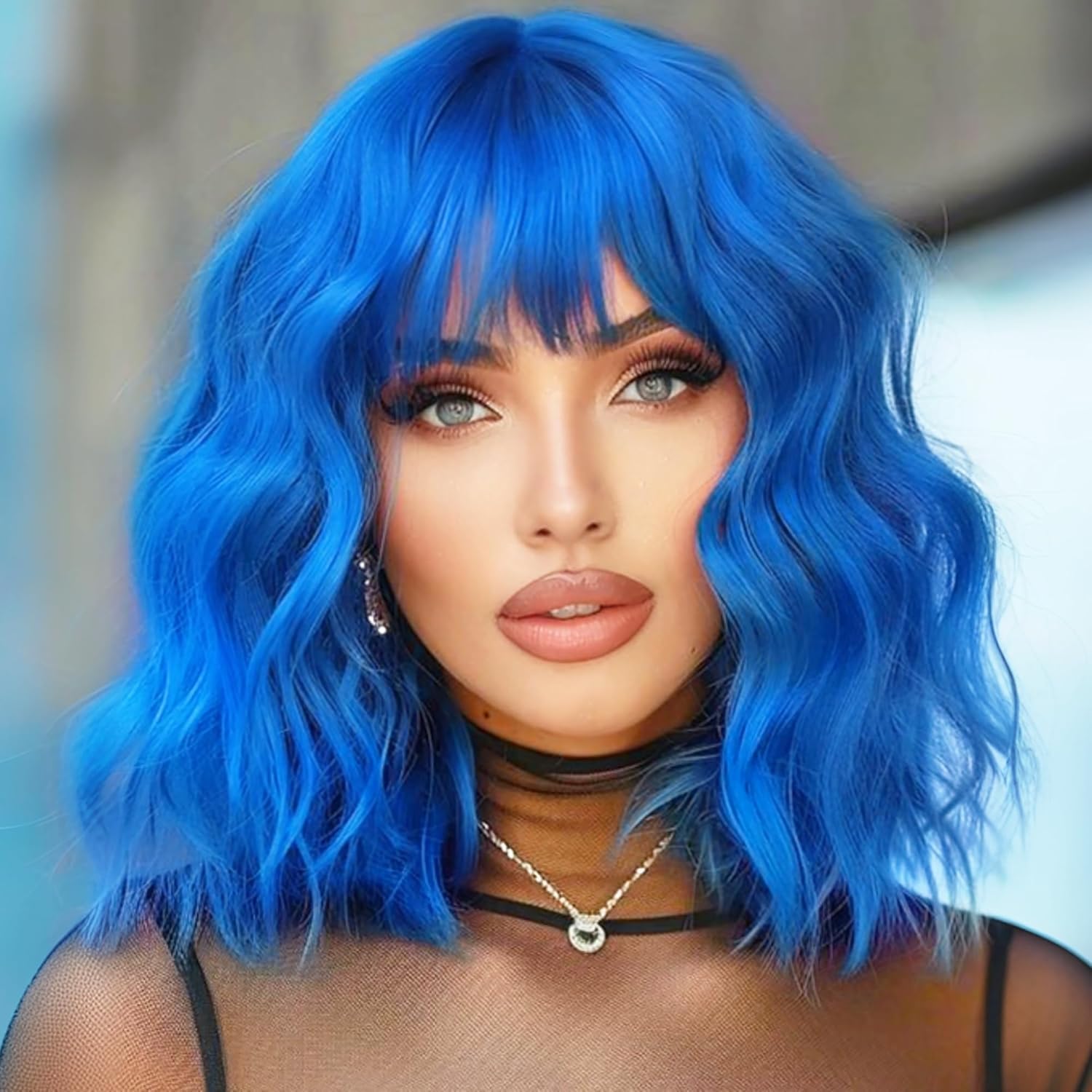 Colorfulpanda Short Bob Blue Wigs for Women Shoulder Length Wavy Curly Wig with Fringe Natural Synthetic Heat Resistant Hair Wig Daily Party wig 14 Inch — image 1